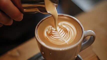 Professional barista pouring steamed milk into coffee cup making beautiful latte art Rosetta pattern