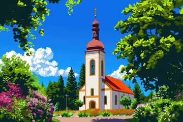 Serene Church with Tall Steeple and Stained-Glass Windows Surrounded by Lush Greenery and Blue Sky in a Picturesque Setting. Beautiful simple AI generated image