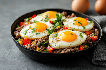 A delicious skillet dish featuring seasoned beef, colorful vegetables, and perfectly fried eggs, ideal for breakfast or brunch.