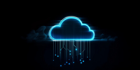 Futuristic neon cloud icon with glowing circuits extending from below, symbolizing cloud computing and digital technology in a sleek and modern design on a dark background