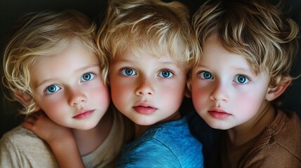 Three adorable blonde children with striking blue eyes gaze intently at the camera, their faces close together in a heartwarming portrait of sibling love and innocence.