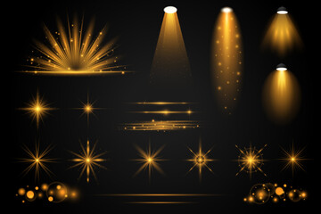 Wall Mural - Golden transparent light effect collection. Star, flare, sun, sparkles, spotlight, dust and neon laser glow lines