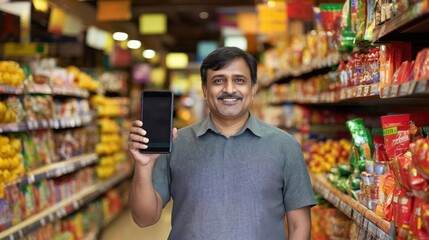 Indian man holding up his phone to display the screen standing in a grocery store, shelves of products, customer needs