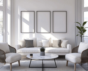 Bright and modern living room with three empty mock-up frames on a white wall, cozy seating, and natural decor elements, perfect for showcasing artwork in a stylish and airy interior