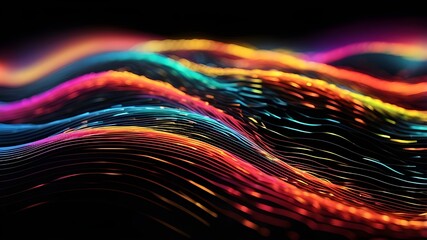 Creative sparkling rainbow wave curving line design components with minimum texture reflected on a black backdrop is depicted in this abstract generative AI image.