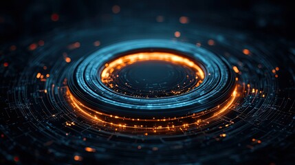 Poster - A mesmerizing abstract design featuring glowing circular patterns and digital elements in vibrant orange and blue tones.