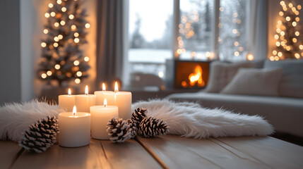 winter festive festival Christmas snow celebration cozy warm home living room indoor wooden table lit candles snowy landscape peaceful atmosphere fireplace