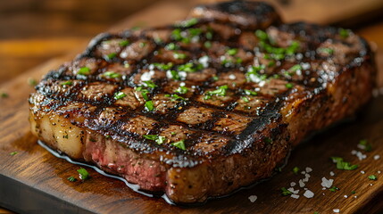 A tenderloin steak cut to reveal a juicy and marbled tenderloin, garnished with fresh rosemary and coarse salt. The charred edges add a delicious texture. Served with a wooden board underneath.