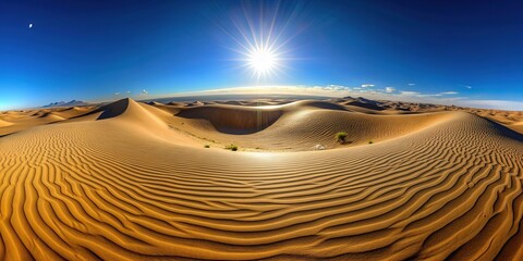 Seamless, high-resolution spherical panorama of a vast, undulating sandy dune landscape with intricate textures and subtle shadows under a clear blue sky.