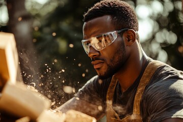 Young black man with safety glasses sawing wood