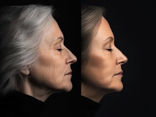 Poster - Side-by-side comparison of a woman's skin metamorphosis. On one side, it shows her already aged appearance. On the other side, it shows her rejuvenated skin.