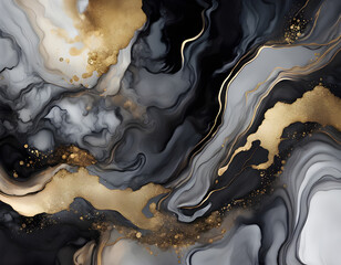 Wall Mural - Luxury abstract fluid art painting in alcohol ink technique, mixture of gray, black gold paints background