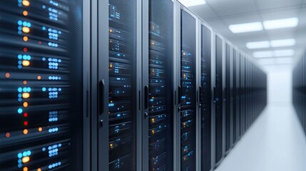 Poster - A modern data center featuring rows of servers, showcasing advanced technology and efficient design for optimal performance.