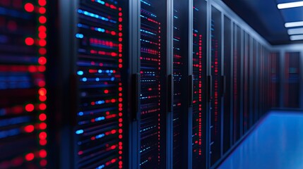Poster - A modern data center featuring rows of servers with illuminated lights, showcasing advanced technology and digital infrastructure.