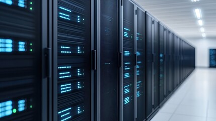 Poster - A modern data center featuring server racks with illuminated indicators, showcasing advanced technology and efficient storage solutions.