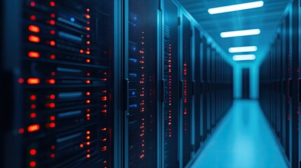 Poster - A modern data center showcasing rows of servers with vibrant blue lighting and glowing red indicators, symbolizing technology and efficiency.