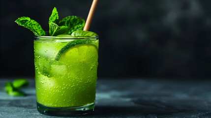 Poster - Mojito Drink With Bamboo Straw Dark Background