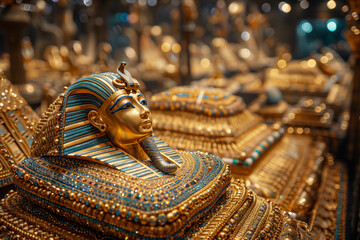 An ancient Egyptian sculpture or mask face in a museum exhibition. Face of Pharaoh Tutankhamun in a glass display with many other valuable and precious golden objects.