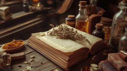 Aufkleber - An Open Book with Dried Herbs, Bottles, and Spices on a Wooden Table