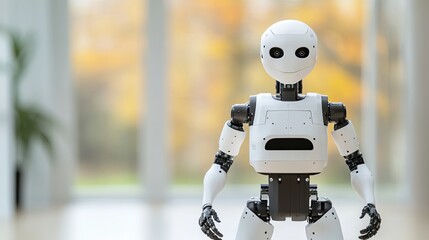 Poster - A modern humanoid robot stands in a bright, contemporary interior, showcasing advanced technology and innovation.