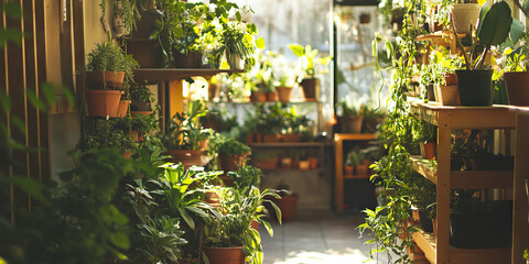 Wall Mural - Eco-Friendly Oasis: A lush indoor garden, filled with potted plants and hanging greenery.