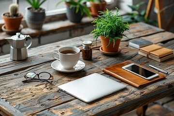 Poster - workplace business notebook office laptop computer cup table desk coffee empty