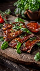 Wall Mural - Delicious barbecued ribs garnished with fresh basil on a rustic wooden board.