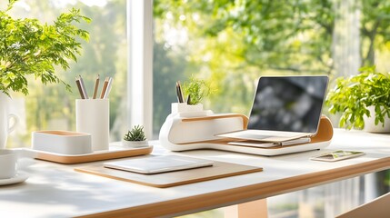 Canvas Print - Modern Home Office Desk with Laptop and Plants.