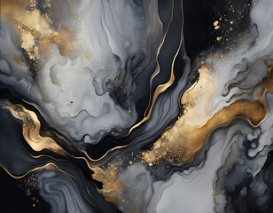 Wall Mural - Luxury abstract fluid art painting in alcohol ink technique, mixture of gray, black gold paints background