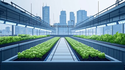 Wall Mural - Urban farming on a city rooftop with smart irrigation system controlling water and light for the crops Flat design Vector look Digital art Large space for text in center Stock Photo with copy space