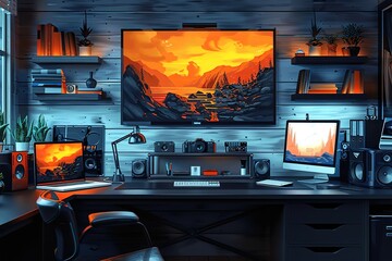 Poster - computer technology room chair desk keyboard monitor work workplace screen online desktop