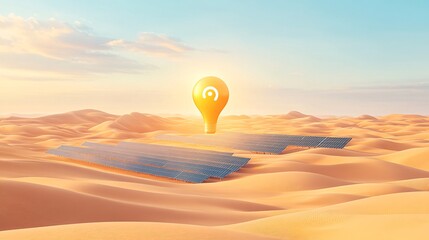 Poster - Solar panels in desert producing energy Flat design Vector look Digital art Large space for text in center Stock Photo with copy space