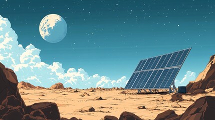 Poster - Solar panels in desert producing energy Flat design Vector look Digital art Large space for text in center Stock Photo with copy space