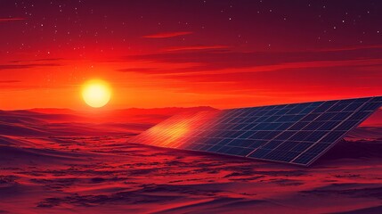 Poster - Solar panels in desert producing energy Flat design Vector look Digital art Large space for text in center Stock Photo with copy space