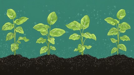 Poster - New saplings growing in soil after drone seeding Flat design Vector look Digital art Large space for text in center Stock Photo with copy space