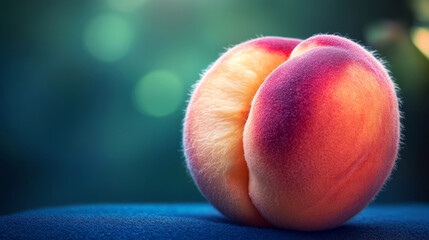 Closeup Of A Peach On A Blue Background, Highlighting Its Fuzzy Texture And Vibrant Color.