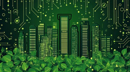 Wall Mural - Futuristic green building with energy-saving features Flat design Vector look Digital art Large space for text in center Stock Photo with copy space