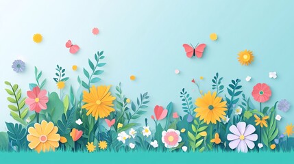 Poster - Wind turbines creating renewable energy on sunny day Flat design Vector look Digital art Large space for text in center Stock Photo with copy space