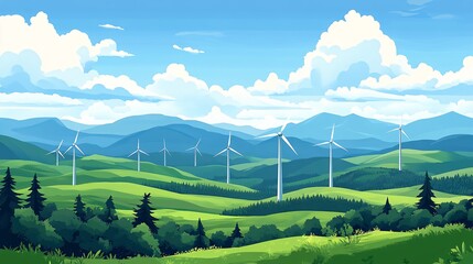 Wind turbines creating renewable energy on sunny day Flat design Vector look Digital art Large space for text in center Stock Photo with copy space