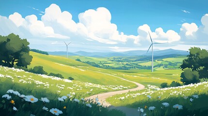Poster - Wind turbines creating renewable energy on sunny day Flat design Vector look Digital art Large space for text in center Stock Photo with copy space