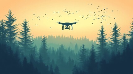 Wall Mural - Drone reforesting a large area with seed dispersal Flat design Vector look Digital art Large space for text in center Stock Photo with copy space