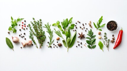 Wall Mural - Fresh Herbs, Spices, and Garlic Arranged on a White Surface