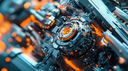 Poster - Close-up of a Futuristic Machine with Glowing Orange Details