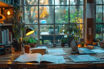 Poster - desk computer table laptop office workplace business technology home work wooden space
