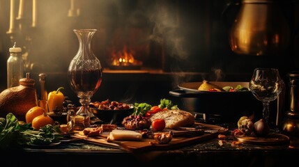 Wall Mural - A Rustic Still Life with Steaming Food, Wine, and Rustic Elements