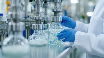 a scientist in a lab coat and gloves handles laboratory equipment, showcasing advanced research in a