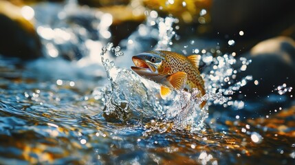 Dynamic shot of a fish leaping from the surface of a stream, water splashing around, with vivid reflections of the surroundings.