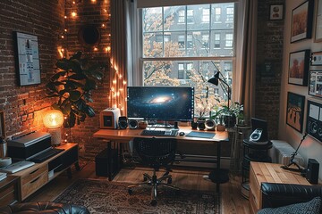 Poster - A cozy home office with a large monitor and a potted plant