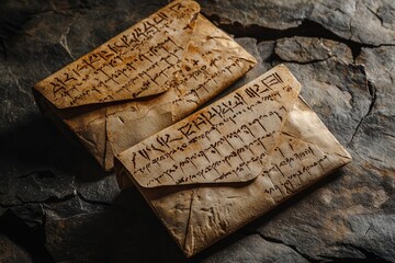 Two ancient envelopes with cuneiform script, evoking historical communication and ancient civilizations, displayed on a cracked stone surface that adds to the artifact's authenticity and age.