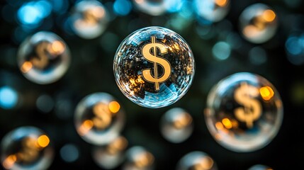 Poster - Bubbles containing money floating against a dark sky and financial market graph Large space for text in center Stock Photo with copy space